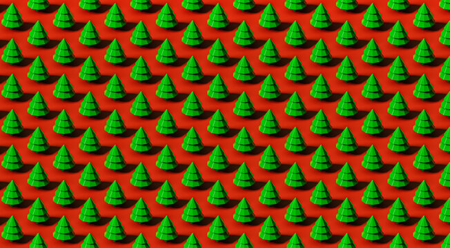 Low poly Christmas trees in row on red background - 3d illustration Holidays pattern - Powered by Adobe