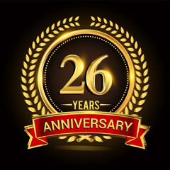 26th golden anniversary logo, with shiny ring and red ribbon, laurel wreath isolated on black background, vector design