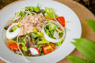 pork salad and vegetable in white dish