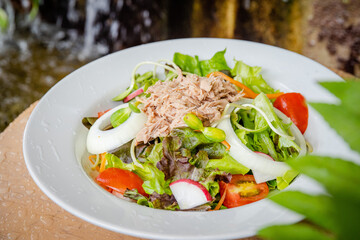 pork salad and vegetable in white dish