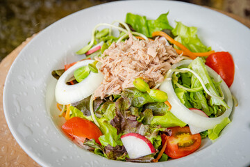 pork salad and vegetable in white dish