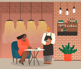 Waitress accepting order in afro-american woman guest sitting at table in cafe or restaurant, lunch or dinner time, stylish interior of public place, hungry business lady choosing dishes, resting