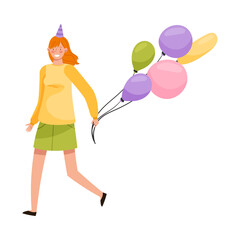 Red Haired Girl in Birthday Hat Carrying Bunch of Balloons Vector Illustration