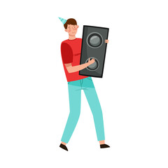 Young Man in Birthday Hat Carrying Loudspeaker Enclosure Vector Illustration