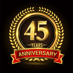 45th golden anniversary logo, with shiny ring and red ribbon, laurel wreath isolated on black background, vector design
