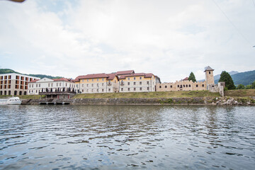 Obraz premium View from river Drina at town dedicated to Ivo Andric, Visegrad, Bosnia and Hercegovina, Travel destionation