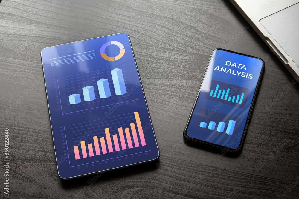 Poster data analysis business concept. financial marketing dashboard graphics with charts and graphs. data 