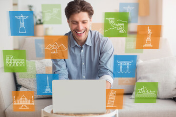 Man Using Laptop Browsing Travel Destinations Indoors, Collage With Landmarks