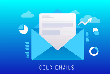 Cold Emails flat vector illustration. Unsolicited unwanted e-mail that is sent to a receiver without prior contact. Cold emailing is a subset of outbound digital email marketing - obrazy, fototapety, plakaty