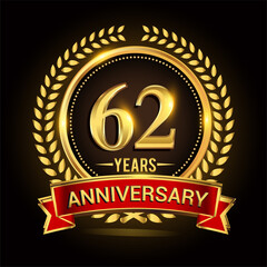 62nd golden anniversary logo, with shiny ring and red ribbon, laurel wreath isolated on black background, vector design