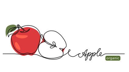 Red apple vector illustration. One continuous line drawing art illustration with lettering organic apple.