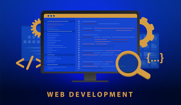 Web Development, programming and coding concept illustration. Creation digital software, app design and website development, coding database technologies. Desktop computer with code window. 