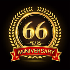 66th golden anniversary logo, with shiny ring and red ribbon, laurel wreath isolated on black background, vector design