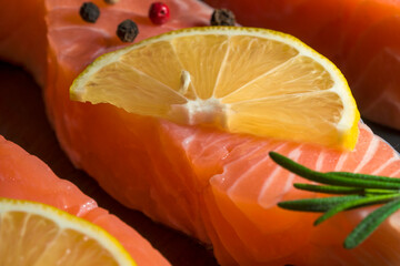 fresh trout fillet, Close up raw and fresh salmon. Fresh raw fish fillet with cooking ingredients,...