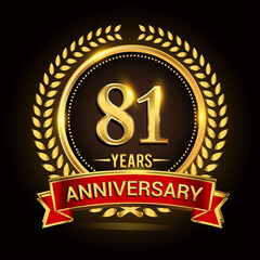 81st golden anniversary logo, with shiny ring and red ribbon, laurel wreath isolated on black background, vector design