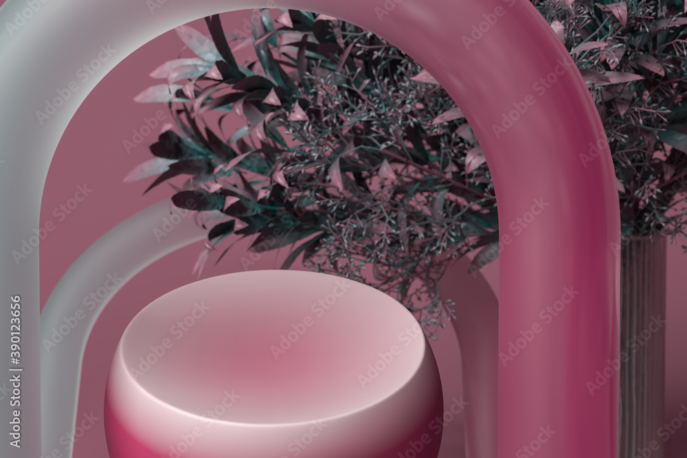 Poster creative pink round showcase with empty space. pedestal with geometric figure and tree on pink backg