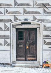Wooden vintage door of an old mansion
