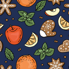 Christmas seamless pattern. Gingerbread, oranges, apples, mint and spices. Endless texture for your design.