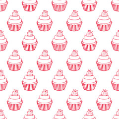 Seamless pattern with cupcake. Hand drawn sweets doodle. Vector illustration. Perfect for greetings, invitations, manufacture wrapping paper, textile and web design.
