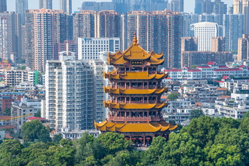 Aerial view of  Wuhan city .The yellow crane tower , located on snake hill in Wuhan, is one of the three famous towers south of yangtze river,China.