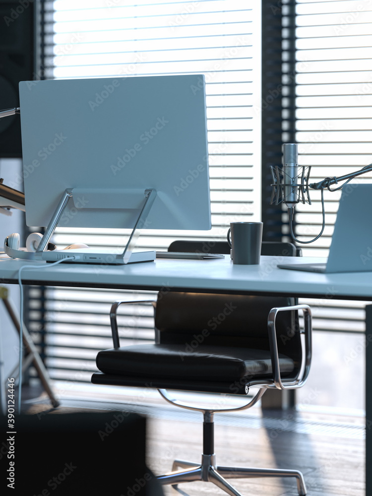 Poster white pc and laptop with a large white monitor in a modern stylish office. back view. 3d rendering. 