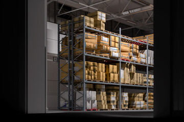 Warehouse Or Store Shelves With Cardboard Boxes. Product Store Or Warehouse. Copy Space. 3D Rendering