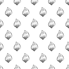 Seamless pattern with seashells. Marine background.  Hand drawn vector illustration in sketch style. Perfect for greetings, invitations, coloring books, textile, wedding and web design.