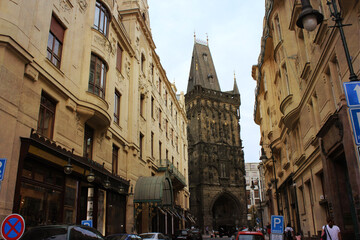 Powder Tower, a gothic tower in the center of Prague,  Czech Republic.