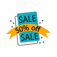 Sale label. Promotional discount sticker, price tag, website banner in yellow and blue colors, trendy flat geometric bubbles, discount product emblem, marketing coupon, vector retro poster template