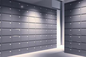 Archive Rows With Steel Blank Boxes. Copy Space. Empty Space. Bureaucracy. Dossier. Confidential. 3d rendering