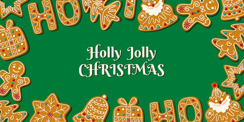 Christmas cards with homemade gingerbread cookies on a green background. Vector illustration