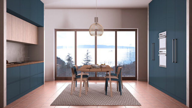Cosy dove blue and wooden kitchen with dining table and chairs, carpet and pendant lamp, panoramic windows, sea ocean panorama, terracotta tile floors, contemporary interior design