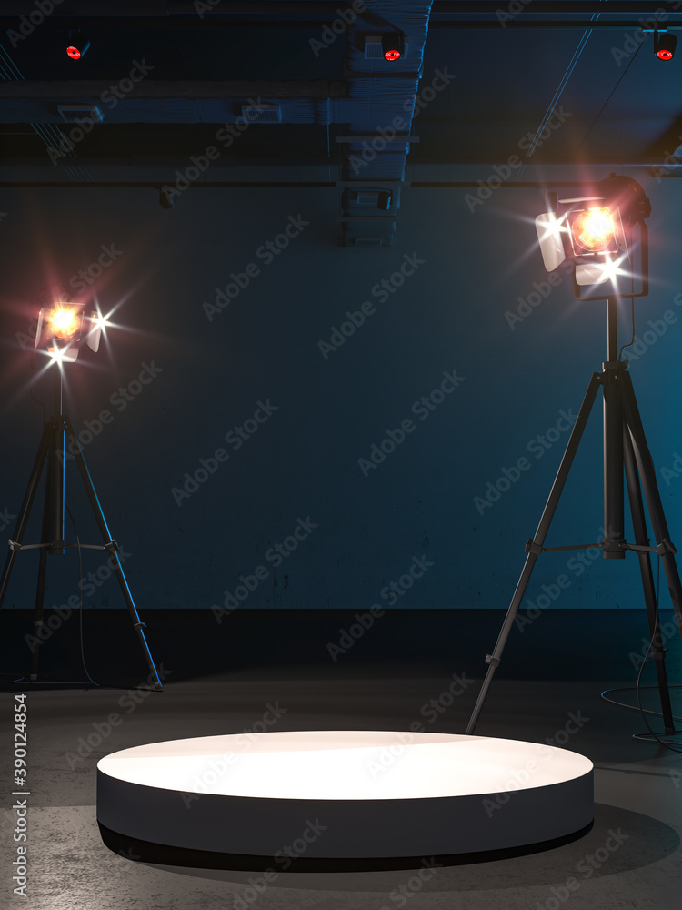 Aufkleber blank white round showcase with empty space on pedestal under bright spotlights in art gallery3d ren