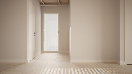 Empty room interior design, open space with white walls and ceramic tiles floor, wooden bamboo ceiling, modern contemporary architecture, big window, mock-up with copy space