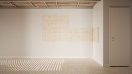 Empty room interior design, open space with white walls and ceramic tiles floor, wooden bamboo ceiling, modern contemporary architecture, morning light, mock-up with copy space