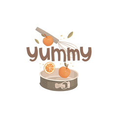 Metal baking dish, apples, orange slices, whisk. Handwritten lettering yummy. Homemade cakes, desserts, recipes. Festive menu, cooking, bake. Hand-drawn vector illustration. Poster design, sticker