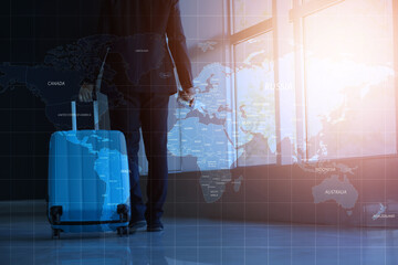 Double exposure of businessman with luggage at the airport and world map