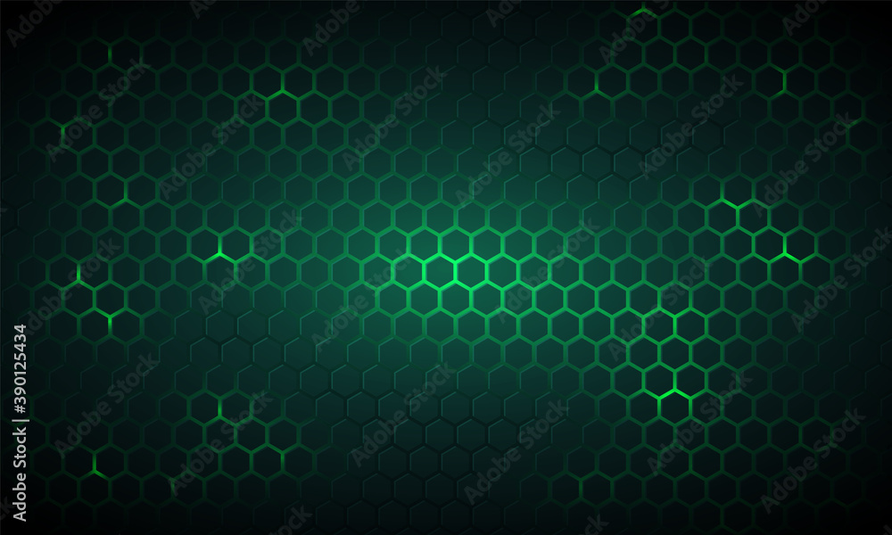 Poster dark green technology hexagonal vector background. abstract green bright energy flashes under hexago
