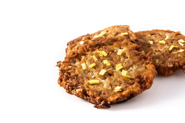 Traditional Jewish latkes or potato pancakes isolated on white background