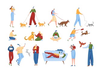 People love pets vector illustration set. Cartoon flat man woman owner characters spend time together with own beloved animal pet friend, walking training playing at home or outdoors isolated on white