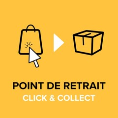 Click and Collect concept. E-commerce click and collect online ordering service symbol. Shopping bag. Shopping cart. Pickup location in French.