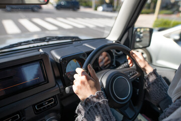 自動車を運転する女性の手