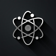 Silver Atom icon isolated on black background. Symbol of science, education, nuclear physics, scientific research. Long shadow style. Vector.