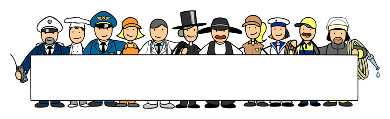 Angestellten in Uniform aus verschiedenen Berufen vor leerem Schild