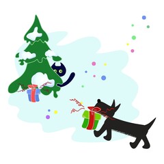 The dog carries gifts under the Christmas tree. A scared kitten hides behind a Christmas tree. Sweet, kind, festive illustration.