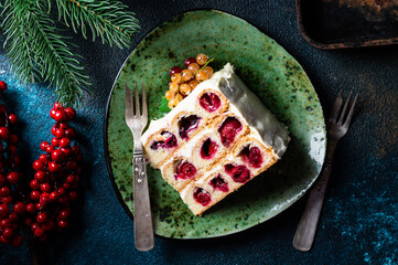 Cherry cake. Traditional russian dessert. Piece of cake. Berries, dessert. Red currant. Christmas cake.