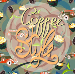 Illustration with coffee and cars on the blue background