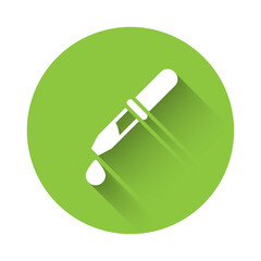 White Pipette icon isolated with long shadow. Element of medical, chemistry lab equipment. Pipette with drop. Medicine symbol. Green circle button. Vector.