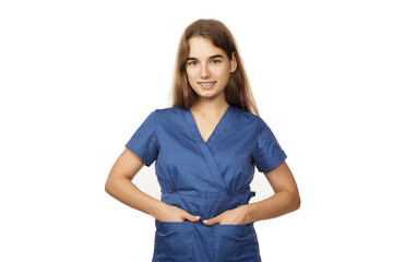 Obraz premium Young beautiful female doctor in blue surgical gown holds hands in pockets isolated on white background. Copspace