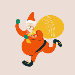 Merry Christmas and Happy New Year. Happy holidays. Funny vector bright trendy Santa Claus with a bag of gifts for the design of Christmas materials. Cool New Year character in cartoon style.